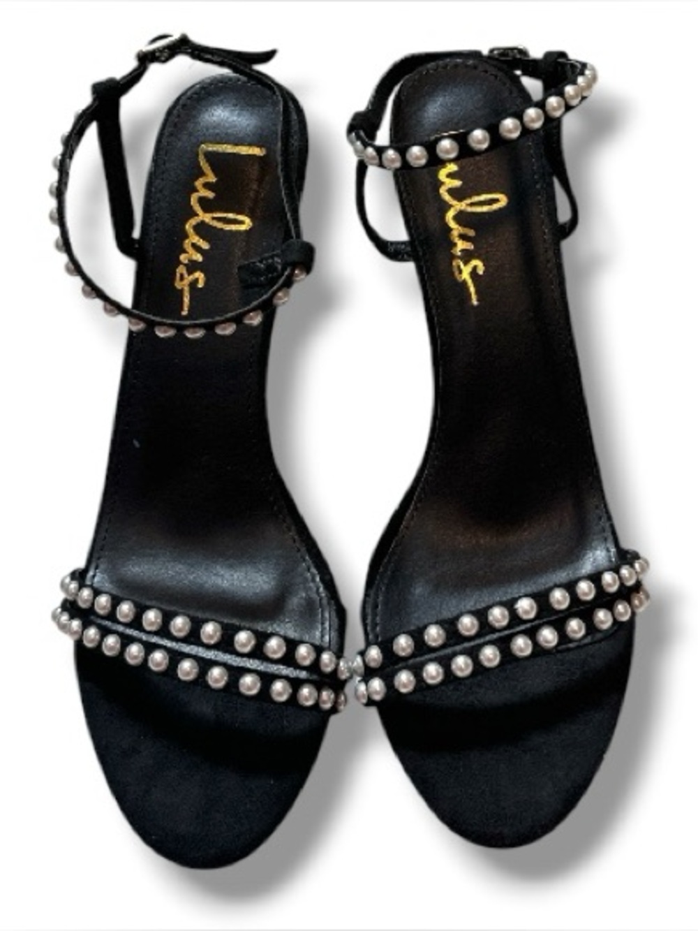 Lulus Black Pearl Embellished Ankle Strap Heels Size 7.5